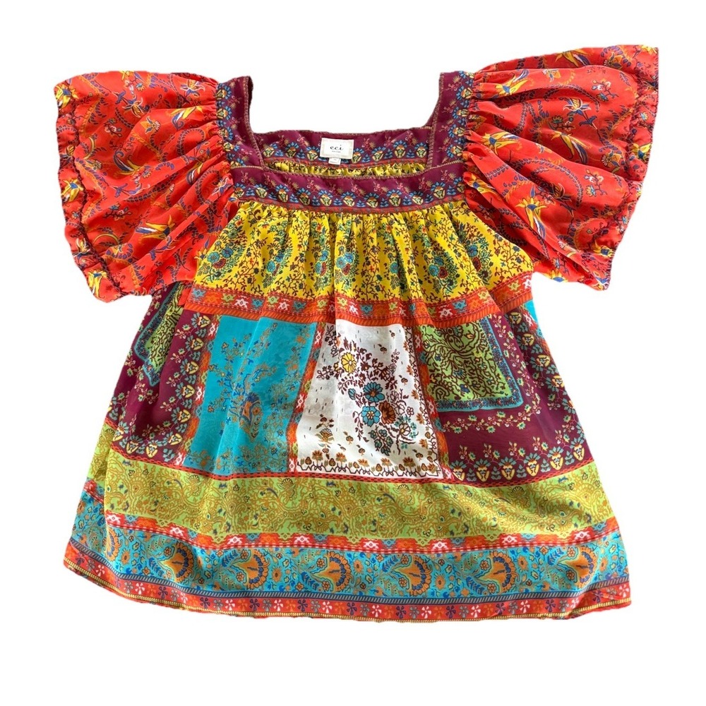 Eci Womens Multicolored Short Sleeve Bohemian Patchwork Blouse‎ Size-XL